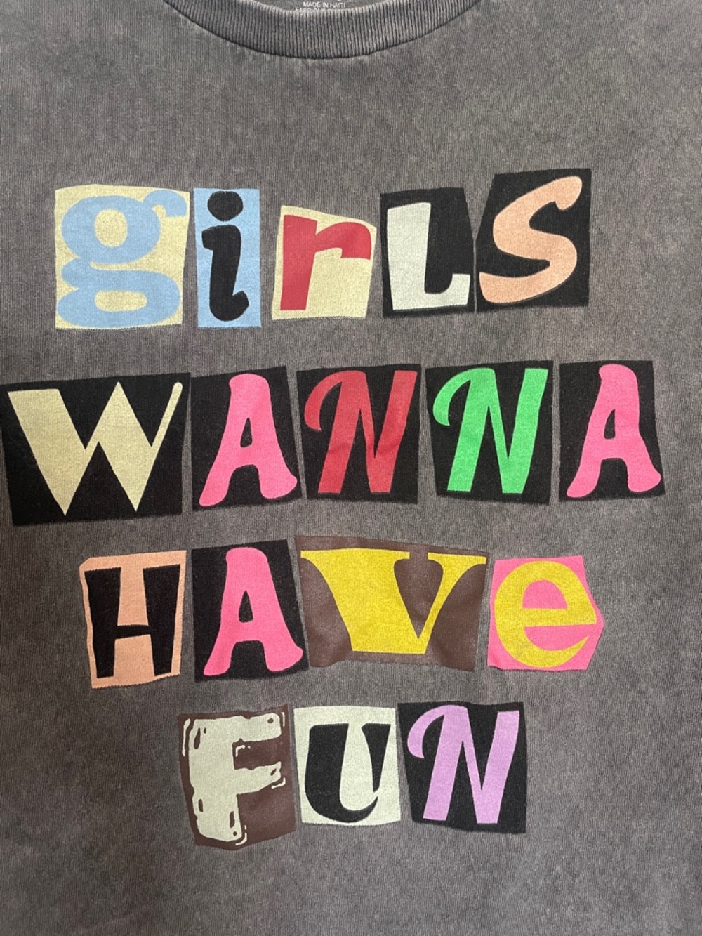 “Girls Wanna Have Fun” Short Sleeve Distressed Tee - Multicolor Print XL